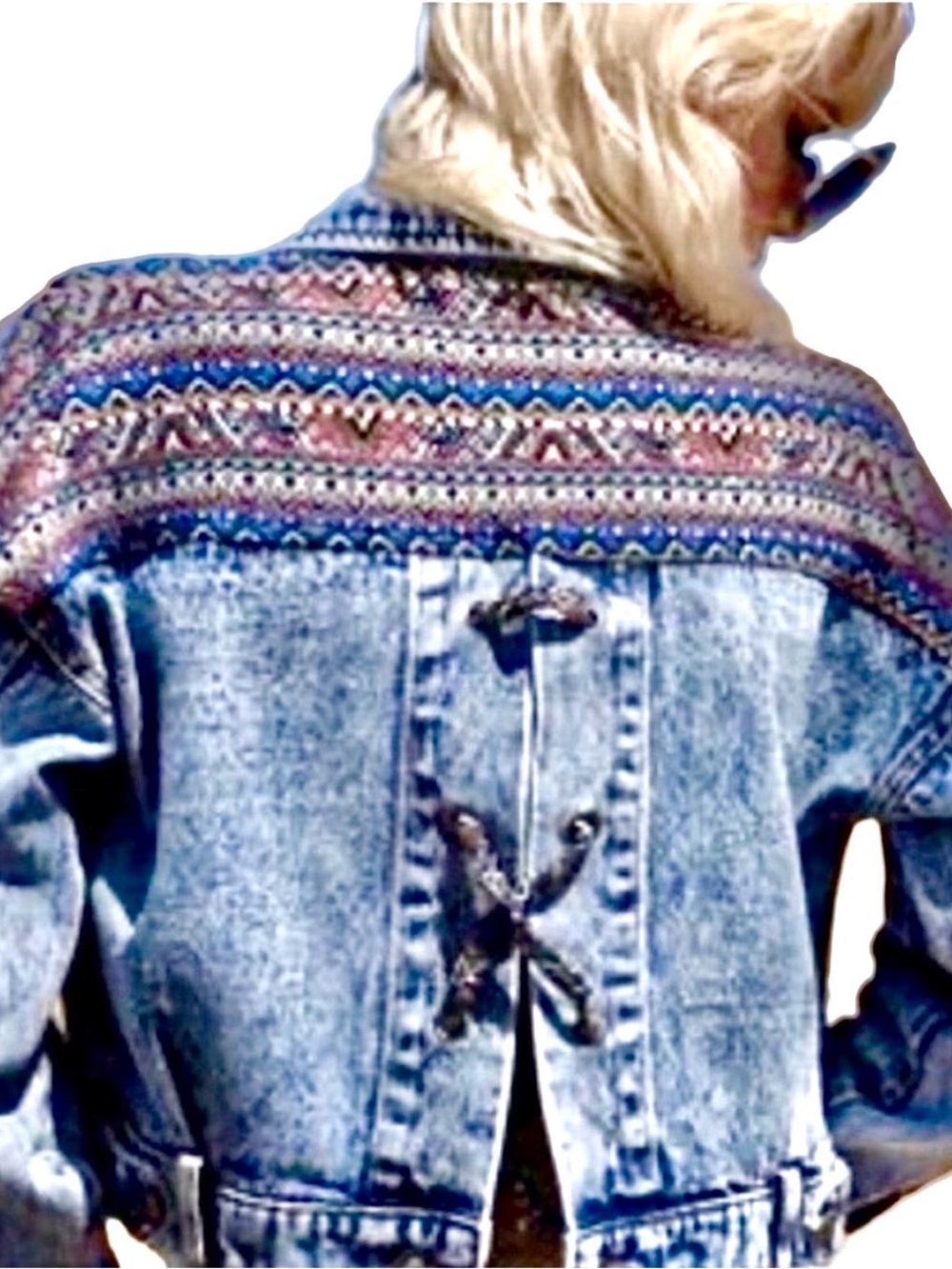 POL Walker Aztec Patchwork Denim Jacket Corset Lace Up Back M